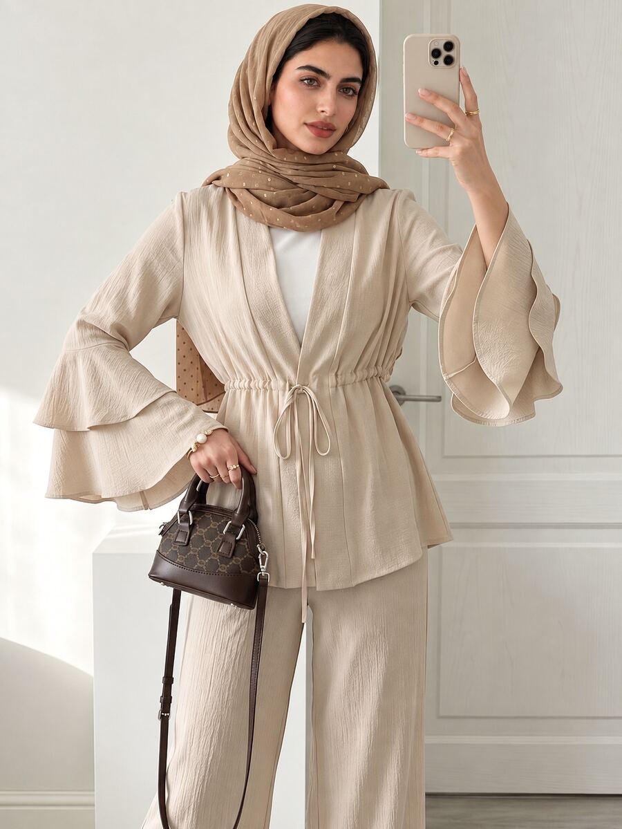 Solavon Women's Elegant Commuter Solid Color Bell Sleeve Drawstring Waist Shirt And Pants 2 Pieces Set - Apricot - View 1