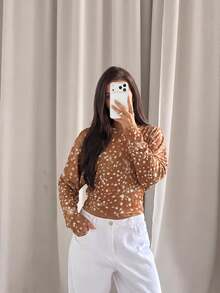 Aloruh Women's Round Neck Dolman Sleeve Cinched Waist Loose Fit T-Shirt, Abstract Tie-Dye Maillard Color Palette Deer Spotted Pattern - Multicolor - View 3