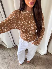 Aloruh Women's Round Neck Dolman Sleeve Cinched Waist Loose Fit T-Shirt, Abstract Tie-Dye Maillard Color Palette Deer Spotted Pattern - Multicolor - View 5
