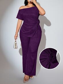 Seusyu Plus Size Women's Solid Color Oblique Shoulder Floral Decor Top And Pants Elegant 2 Pieces Set - Purple - View 6