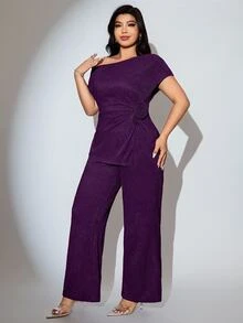 Seusyu Plus Size Women's Solid Color Oblique Shoulder Floral Decor Top And Pants Elegant 2 Pieces Set - Purple - View 4