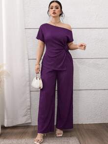 Seusyu Plus Size Women's Solid Color Oblique Shoulder Floral Decor Top And Pants Elegant 2 Pieces Set - Purple - View 2