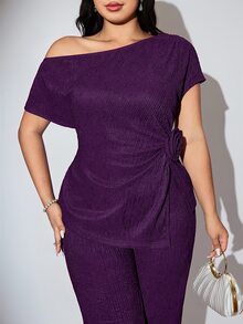 Seusyu Plus Size Women's Solid Color Oblique Shoulder Floral Decor Top And Pants Elegant 2 Pieces Set - Purple - View 7