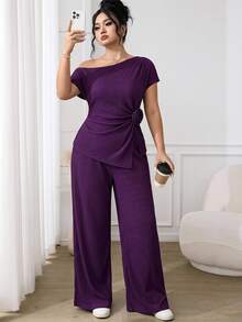 Seusyu Plus Size Women's Solid Color Oblique Shoulder Floral Decor Top And Pants Elegant 2 Pieces Set - Purple - View 1