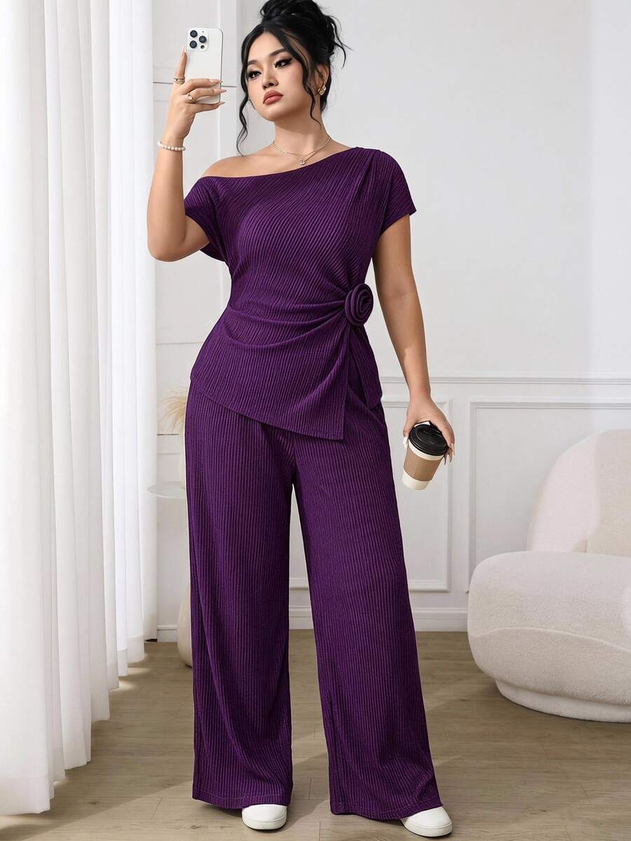 Seusyu Plus Size Women's Solid Color Oblique Shoulder Floral Decor Top And Pants Elegant 2 Pieces Set - Purple - View 1