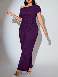 Seusyu Plus Size Women's Solid Color Oblique Shoulder Floral Decor Top And Pants Elegant 2 Pieces Set - Purple - View 5