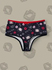Betty Boop x SHEIN Cartoon Women's Cute Red Lips Print Bow Mid-Waist Boxer Briefs - Black - View 3
