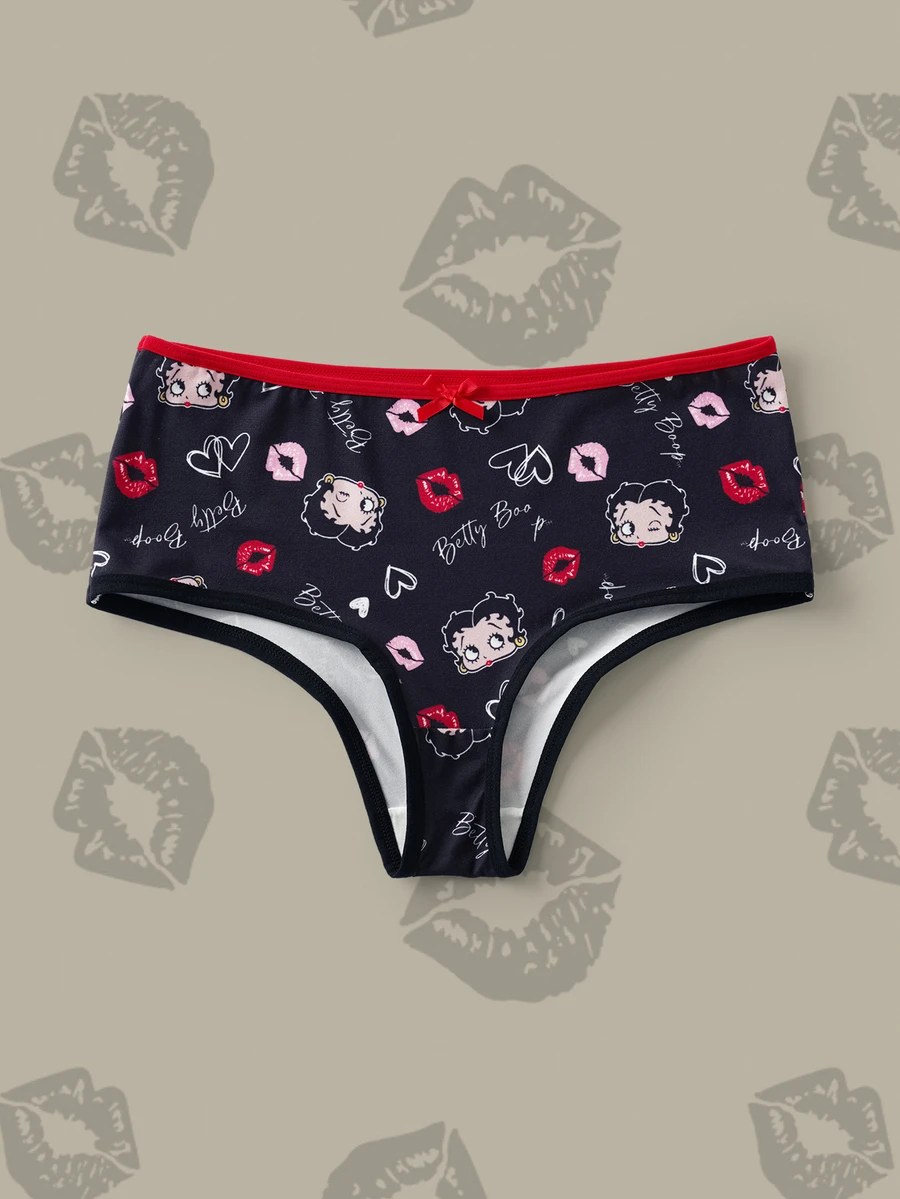 Betty Boop x SHEIN Cartoon Women's Cute Red Lips Print Bow Mid-Waist Boxer Briefs - Black - View 1