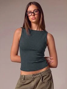 Athîral Women's Casual Round Neck Sleeveless Striped Soft Comfortable Tank Top, Suitable For Daily Commute, Date, Gathering, Versatile - Navy Blue - View 4