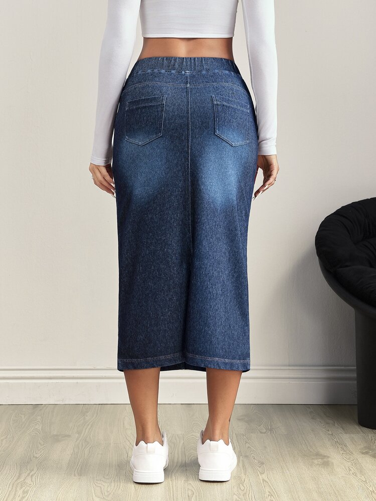 Flexra Plus Size Summer Casual Elastic Washed Denim Skirt - Dark Wash - View 2