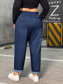 Flexra Plus Size Women's Pocketed Tapered Stretch Casual Jeans - Blue - View 2