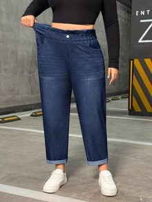 Flexra Plus Size Women's Pocketed Tapered Stretch Casual Jeans - Blue - View 5