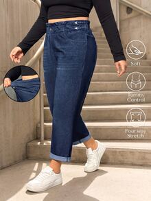 Flexra Plus Size Women's Pocketed Tapered Stretch Casual Jeans - Blue - View 1
