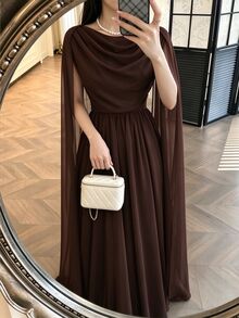 Modelyn 女款優雅派對純色抓褶洋裝，酒紅色 - 棕色 - 查看 6