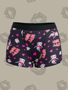 Betty Boop x SHEIN Women's Printed Black Heart Pattern Casual Comfortable Boxer Briefs - Black - View 1