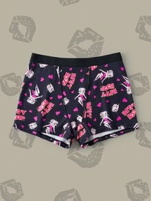 Betty Boop x SHEIN Women's Printed Black Heart Pattern Casual Comfortable Boxer Briefs - Black - View 3