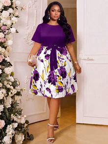 SHEIN Lady 春夏优雅通勤办公室休闲波西米亚风彩色编织针织圆领喇叭腰带中长短袖大码连衣裙女式夏季服装女式夏季连衣裙女式办公室服装度假连衣裙女装夏季 - 紫色 - 查看 1
