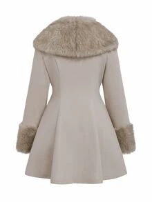 Sweetra Plus Size Women Faux Fur Collar Patchwork Waist Woolen Coat Fall Winter - Apricot - View 2