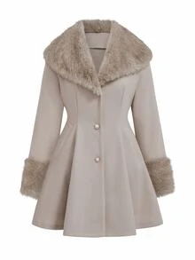 Sweetra Plus Size Women Faux Fur Collar Patchwork Waist Woolen Coat Fall Winter - Apricot - View 3