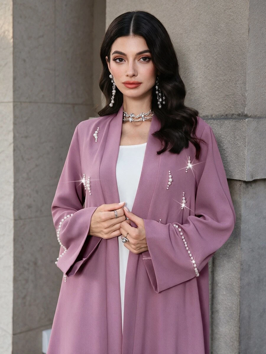 Mulvari Pearl Decor Elegant Modest Loose Fit Long Sleeve Casual Jacket Wedding Ninang Wedding Christening Guest Formal White Fall - Dusty Pink - View 1