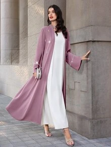 Mulvari Pearl Decor Elegant Modest Loose Fit Long Sleeve Casual Jacket Wedding Ninang Wedding Christening Guest Formal White Fall - Dusty Pink - View 5