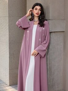 Mulvari Pearl Decor Elegant Modest Loose Fit Long Sleeve Casual Jacket Wedding Ninang Wedding Christening Guest Formal White Fall - Dusty Pink - View 6