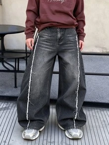Manfinity Denimwave Y2K Grunge Dark Wash Fringe Raw Edge Wide Leg Jeans Fall Baggy Deconstructed Streetwear Denim Pants Rave Vacation - Black - View 3
