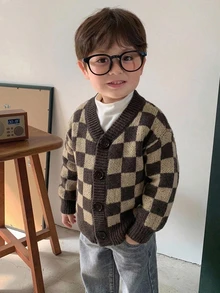 DAZY 幼童男童格紋拼接休閒開襟衫，韓系街頭風，春秋款 - 咖啡棕 - 查看 7