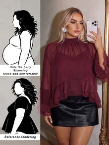 Auralis Plus Size Women's Burgundy Loose Fashion Ruffle Hem Simple Daily Vacation Blouse Elegant Evening Top For Wedding Guest Party - Brown - View 8