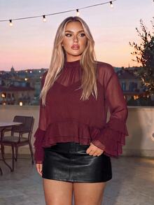 Auralis Plus Size Women's Burgundy Loose Fashion Ruffle Hem Simple Daily Vacation Blouse Elegant Evening Top For Wedding Guest Party - Brown - View 6