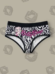 Betty Boop x SHEIN Quần lót tam giác nữ in họa tiết hoạt hình - Đen và trắng - Xem 1