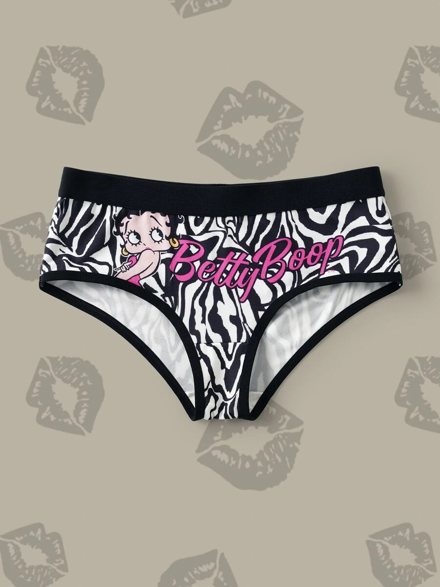 Betty Boop x SHEIN Quần lót tam giác nữ in họa tiết hoạt hình - Đen và trắng - Xem 1
