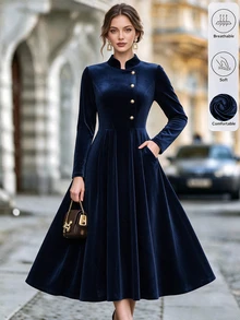 Balvessa Winter Women's Navy Blue Velvet Fabric Stand Collar Single-Breasted Pocket Long Sleeve - Navy Blue - View 7