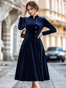 Balvessa Winter Women's Navy Blue Velvet Fabric Stand Collar Single-Breasted Pocket Long Sleeve - Navy Blue - View 8