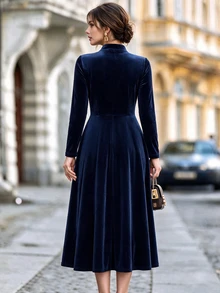 Balvessa Winter Women's Navy Blue Velvet Fabric Stand Collar Single-Breasted Pocket Long Sleeve - Navy Blue - View 2