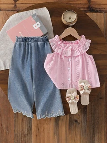 SHEIN Young Girls Christmas Eyelet Ruffle Collar Top & Embroidered Pants Set, Sleeveless Cute 2pcs Holiday Outfit - Pink - View 4