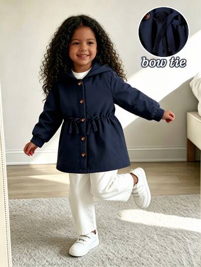 SHEIN Young Girls Solid Navy Blue 3D Spring/Autumn Back To School Casual Jacket With Bow Tie, Herringbone Trim, Minimalist Cinched Waist Design, Amber Buttons, Long Sleeves, Hooded, Suitable For Spring/Autumn Back To School Daily Wear, Cute Fashion Outfit For School, Outdoor Activities, Family Gatherings, Daily Photos, Travel