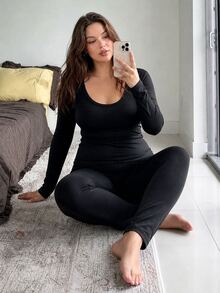 Dazy Plus Fashion Basic Slim Fit Thermal Lined Thickened Autumn/Winter Long Pants Loungewear Pajama Set - Black - View 7