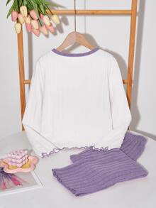 Girls Ribbed Brushed Comfortable Casual Cherry Letter Embroidery Pattern Loose 2 Pieces Pajama Set, Winter - Purple - View 2