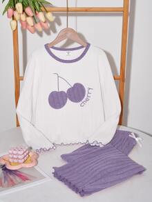 Girls Ribbed Brushed Comfortable Casual Cherry Letter Embroidery Pattern Loose 2 Pieces Pajama Set, Winter - Purple - View 1