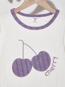 Girls Ribbed Brushed Comfortable Casual Cherry Letter Embroidery Pattern Loose 2 Pieces Pajama Set, Winter - Purple - View 3