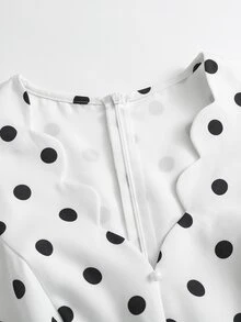 Celisse Polka Dot Print V-Neck Scallop Edge Flare Hem Dress - Black and White - View 4