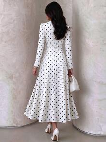 Celisse Polka Dot Print V-Neck Scallop Edge Flare Hem Dress - Black and White - View 2