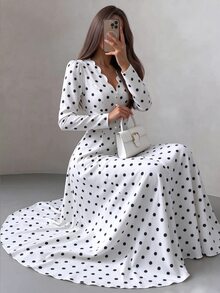 Celisse Polka Dot Print V-Neck Scallop Edge Flare Hem Dress - Black and White - View 1