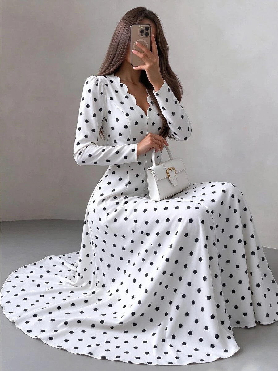 Celisse Polka Dot Print V-Neck Scallop Edge Flare Hem Dress - Black and White - View 1