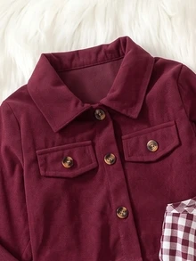 SHEIN 少女格紋復古外套套裝，優雅時尚睡袍，Y2K風格可愛上衣，長袖上衣，秋季白色洋裝，聖誕紅夾克 - 酒紅色 - 查看 5