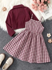 SHEIN 少女格紋復古外套套裝，優雅時尚睡袍，Y2K風格可愛上衣，長袖上衣，秋季白色洋裝，聖誕紅夾克 - 酒紅色 - 查看 2