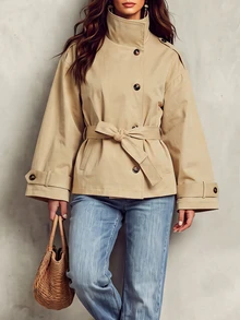LUMIGAL Women's Solid Color Stand Collar Single-Breasted Casual Short Trench Coat Jacket - Khaki - View 5