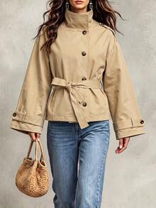 LUMIGAL Women's Solid Color Stand Collar Single-Breasted Casual Short Trench Coat Jacket - Khaki - View 3