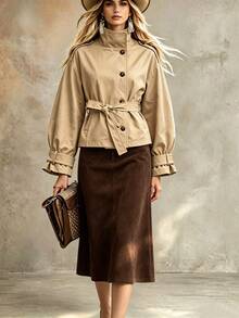LUMIGAL Women's Solid Color Stand Collar Single-Breasted Casual Short Trench Coat Jacket - Khaki - View 8